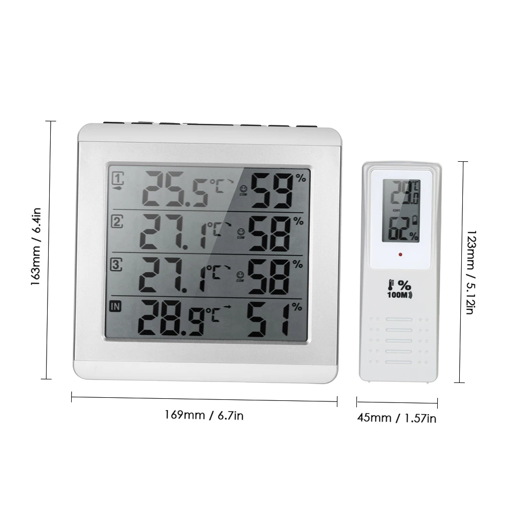 Indoor/Outdoor LCD Digital Wireless Thermometer Hygrometer Four-channel Temperature Humidity Meter Thermometric Instruments