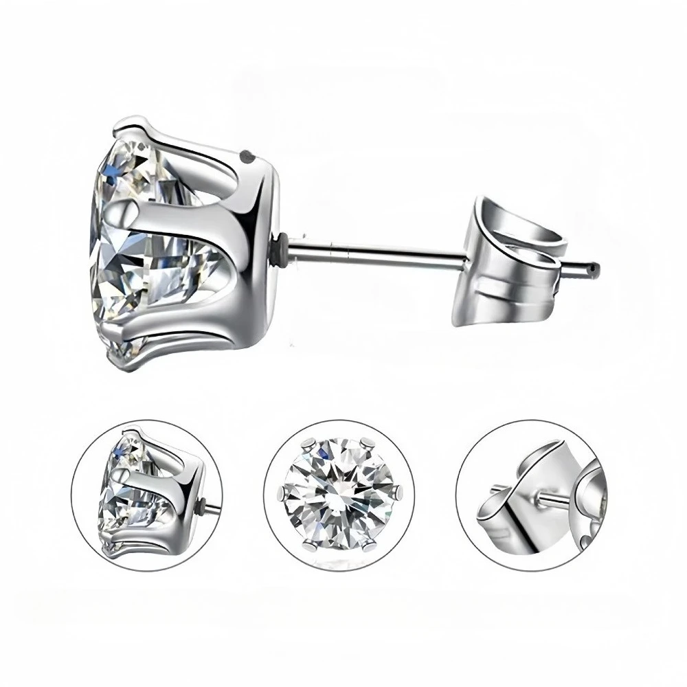 Luxury Classic Crown High Quality Six Claws 5A Zircon Butterfly Clasp Piercing Stud Earrings Men Women's Stainless Steel Jewelry