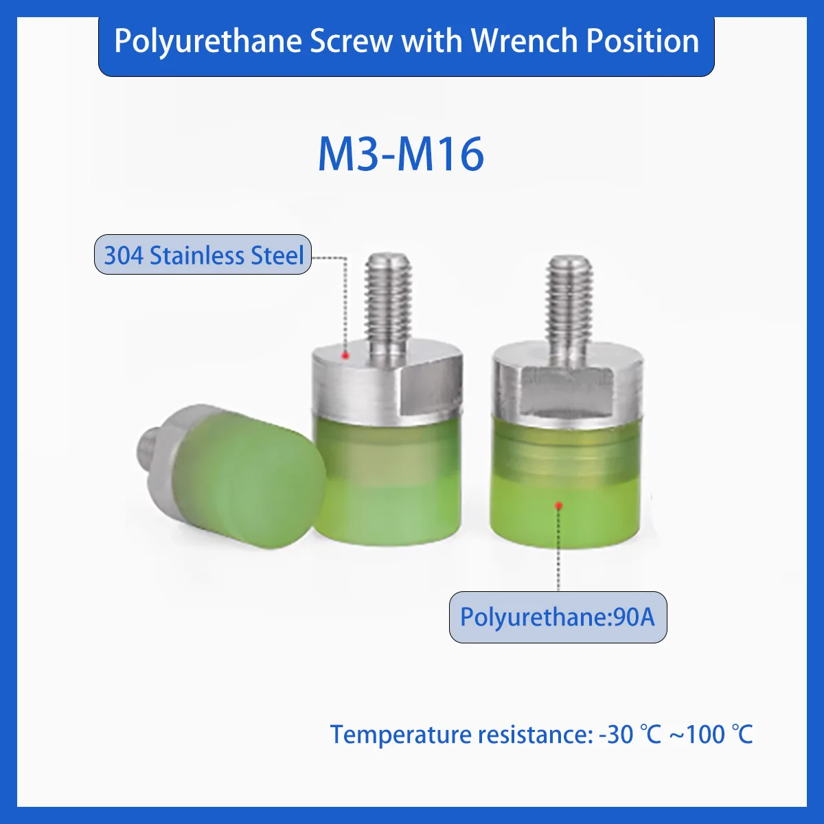 1 Buah Sekrup Baja Tahan Karat Berlapis Poliuretan Benang Eksternal untuk Bantalan Silinder Anti-tabrakan Blok Penyangga Tahan Aus