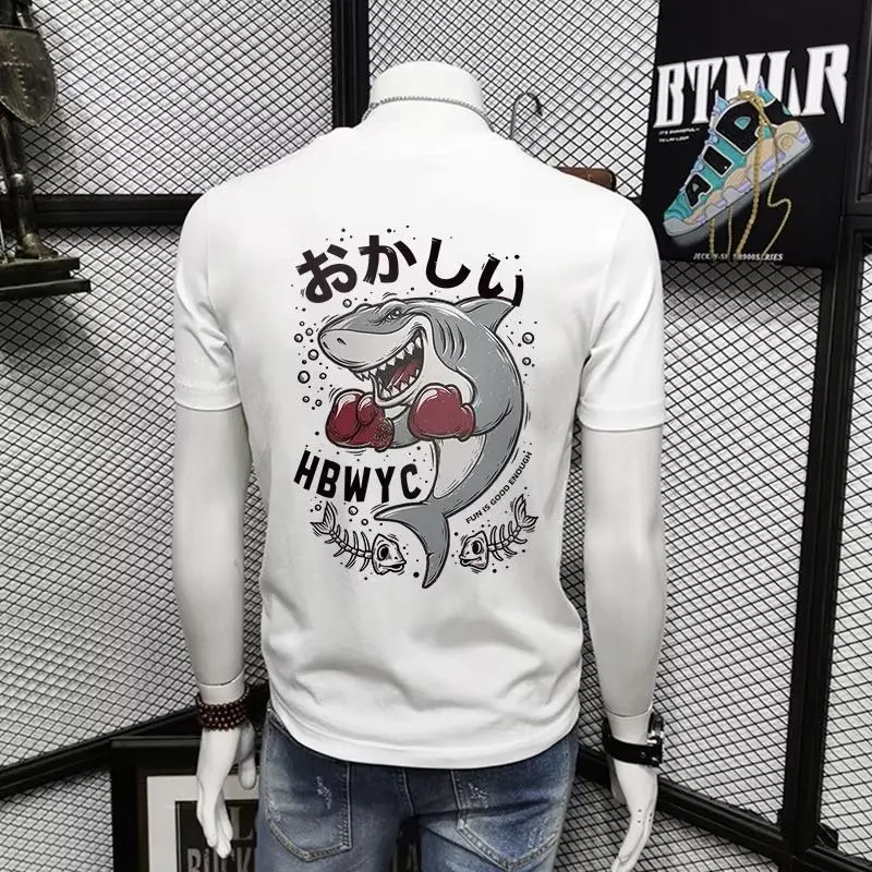 Summer Men's Cotton T-shirt Japan Men's Cool Shark Short Sleeve Top High Quality White T Shirt O-neck Tee Shirt Men Clothing New