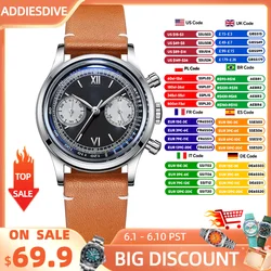 ADDIESDIVE 2024 Men watches Quartz Watch Men Sport waterproof 10 Bar Chronograph AR Glass VK64 Retro Leather WristWatch New