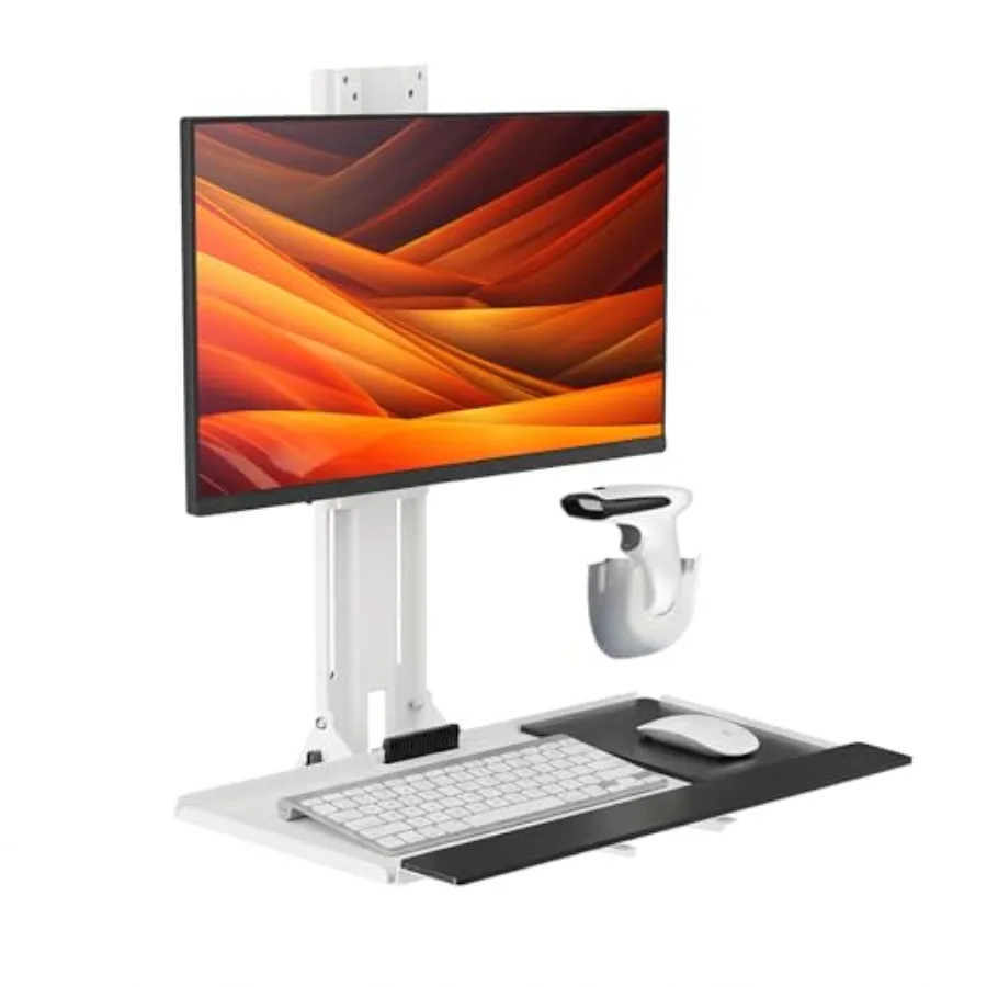 MED01 Medical Wall Mount for 17 to 32 Monitor with Height Adjustable Keyboard Tray and Mouse Pad Steel Construction White Finis