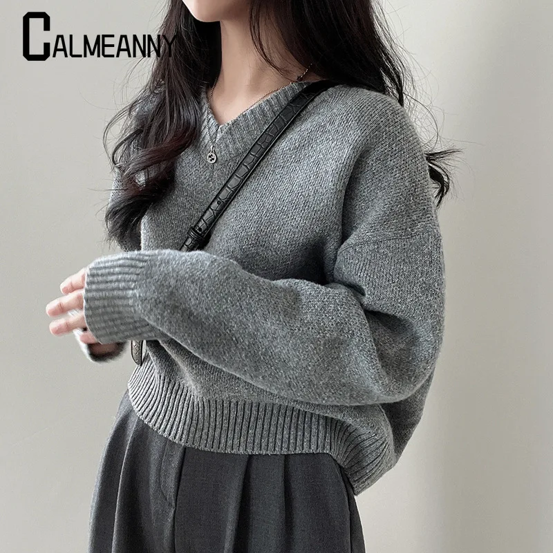 

Women Sweater 2023 Autumn Winter Korean Edition Versatile New Style Casual V-neck Loose Outer Wear Small Long Sleeve Knit Top
