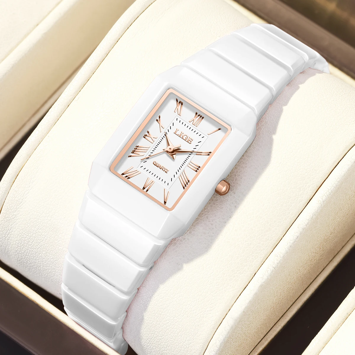 LIGE Simple Casual Women Roman Scale Dial Quartz Watch Full Ceramic Bracelet Ladies Wristwatches Female Clock Reloj Mujer