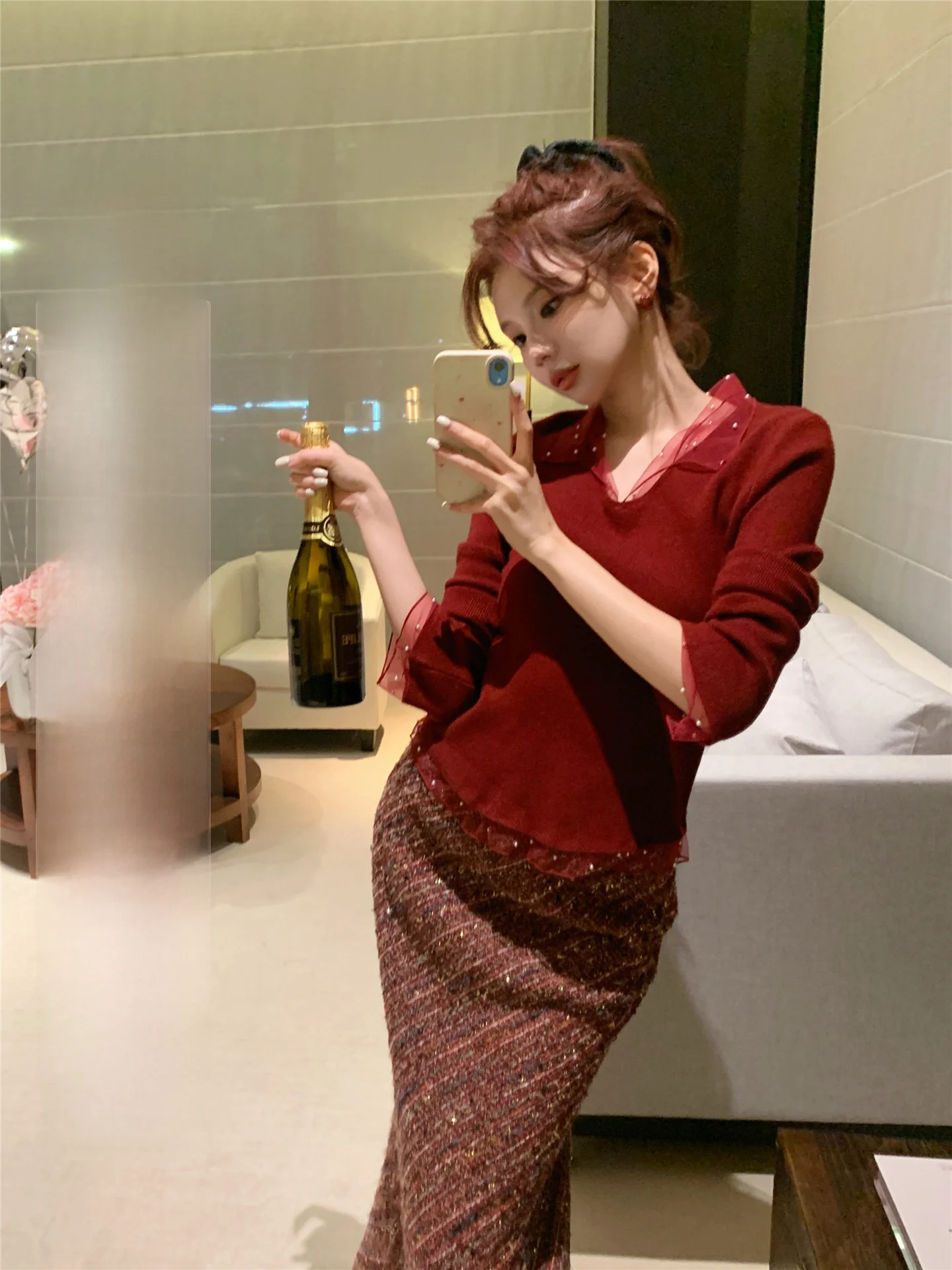 

Laid-ba Korean Sle Knitted Top with Beaded Me Splicing Fake Two-Piece Design Soft Stretchy Women's Winter Warm Long Sve