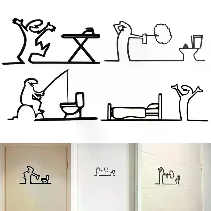 Minimalist Line Wall Art: 3D Printed Toilet Sign Adhesive Tape Ornament Humorous Home Decor