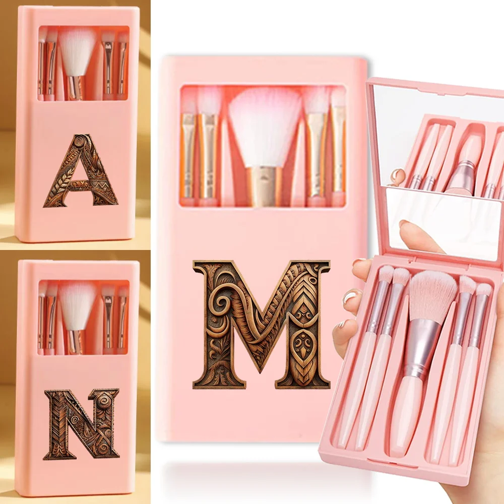 5Pcs Travel Makeup Brush Set With Mirror Box Portable Organizer Cosmetic Brush Kit Case Beauty Tools Bag Wood Art Letter Pattern