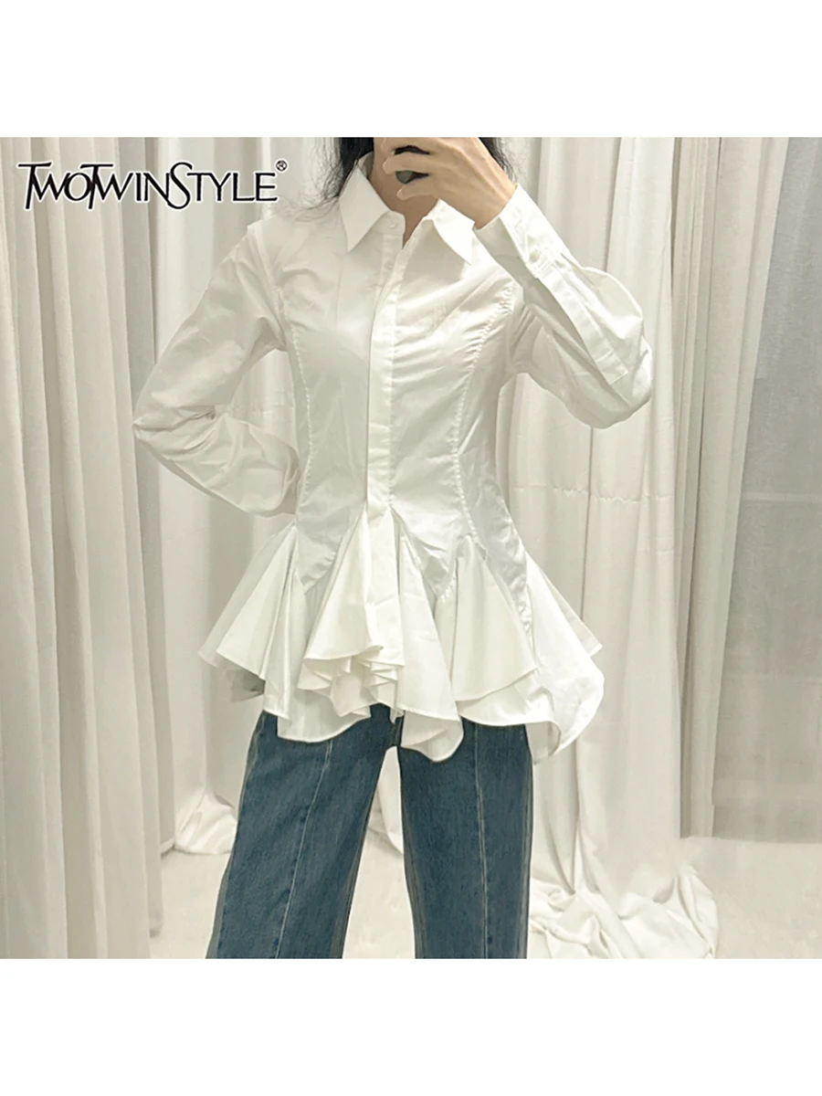 

TWOTWINSTYLE Solid Spliced Button Slimming Blouses For Women Lapel Long Sleeve Tunic Temperament Shirt Female Fashion Style New