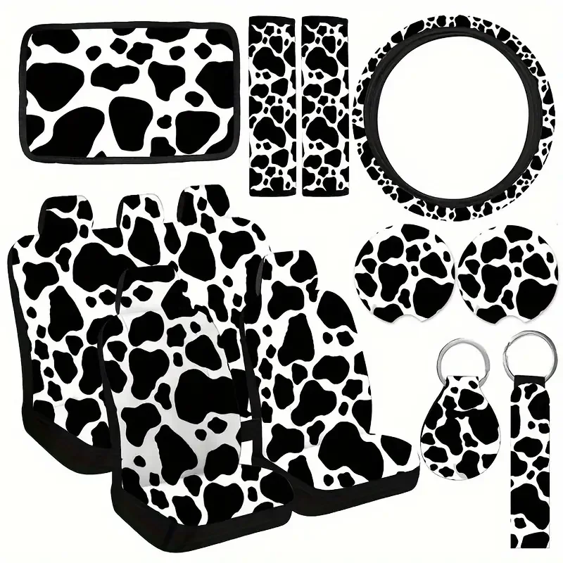 

15 comfortable car accessories kit - cow print design includes seat covers, steering wheel handles, armrests and shoulder pads,