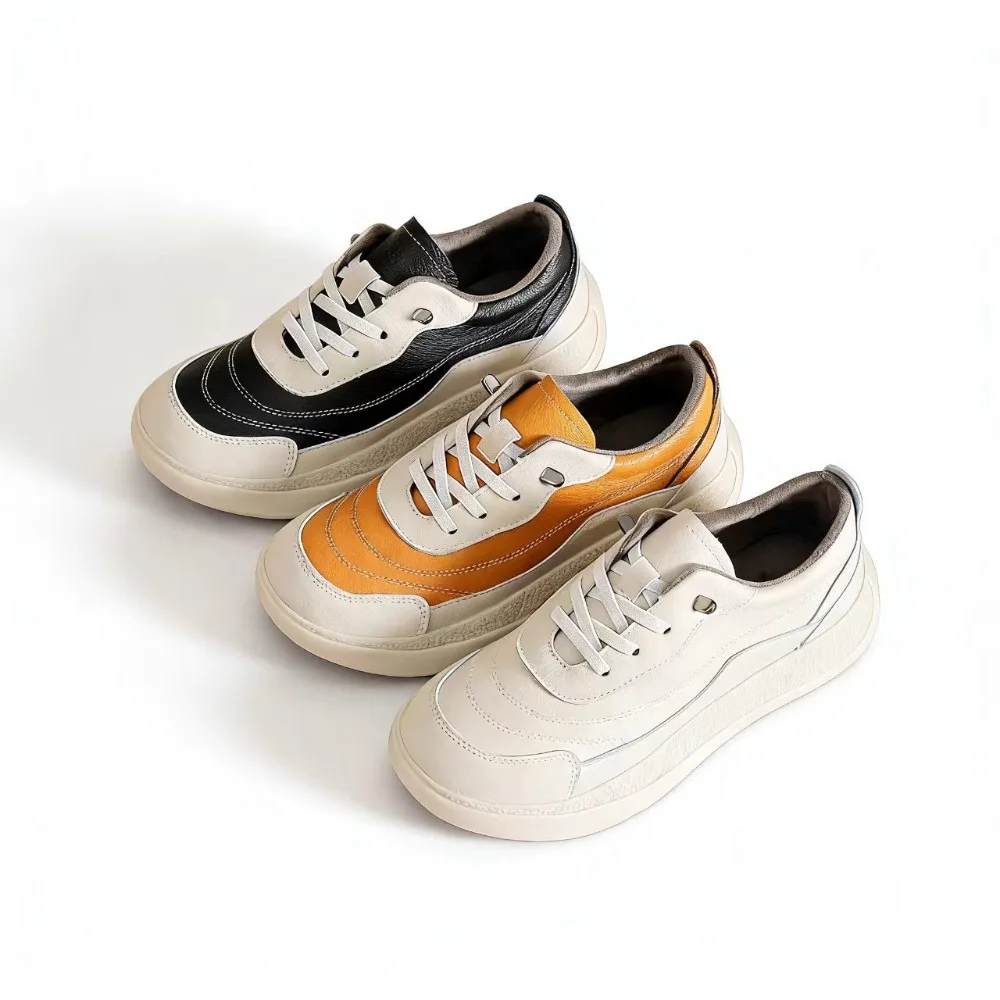 Women's Platform Chunky Sneakers Retro Genuine Leather Color Block Casual Walking Shoes Comfort Thick Sole Daily Footwear D914