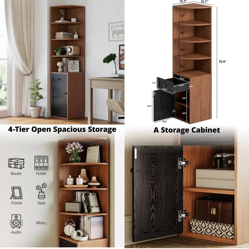 

71 Tall Wooden 4-Tier Bookshelf with Drawers and Storage, Brown & Black for Living Room, Office, Bedroom