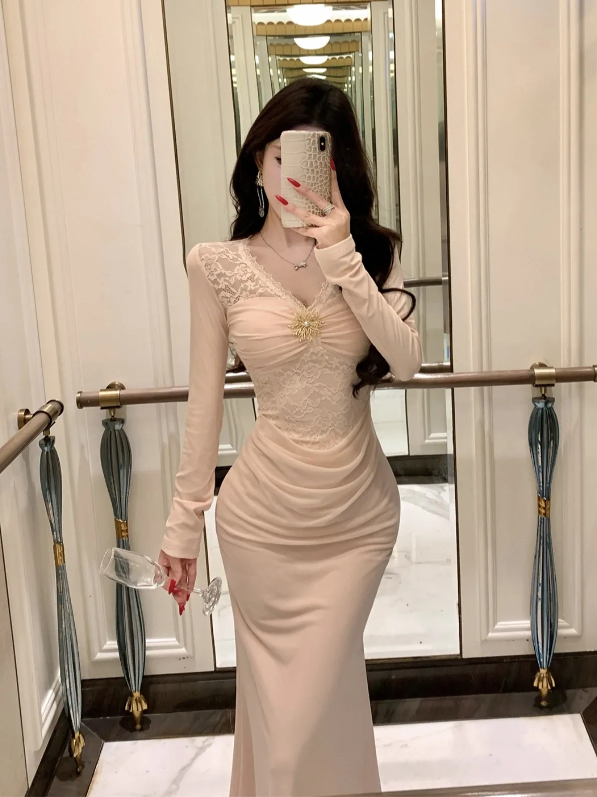 

Ele Lace Splice Long Dr женская юбка с завышенной талией для похудения Me Fi Tail с v-образным вырезом Full Sve осень-зима Faion