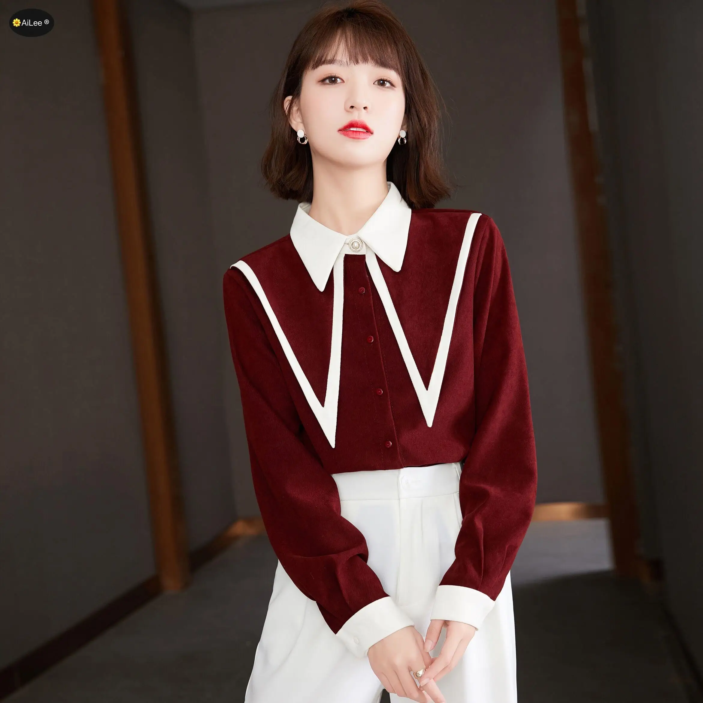 Women Vintage Corduroy Blouse Wine Red Sailor Style Shirts Lady Office Winter Warm Basics Streetwear Banquet Dinner Date Tops