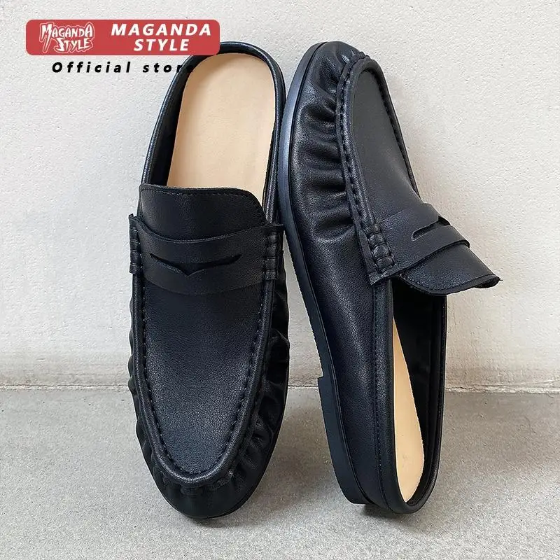 Genuine leather toe cap slippers for men in summer one foot lazy Mueller shoes black wear-resistant half bag breathable loafers