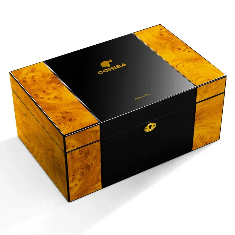 Cigar Humidor Box Cedar Wood Cigar Humidor Piano Paint Display Box Humidor With Lock Key Cigar Humidifier Hygrometer with Logo