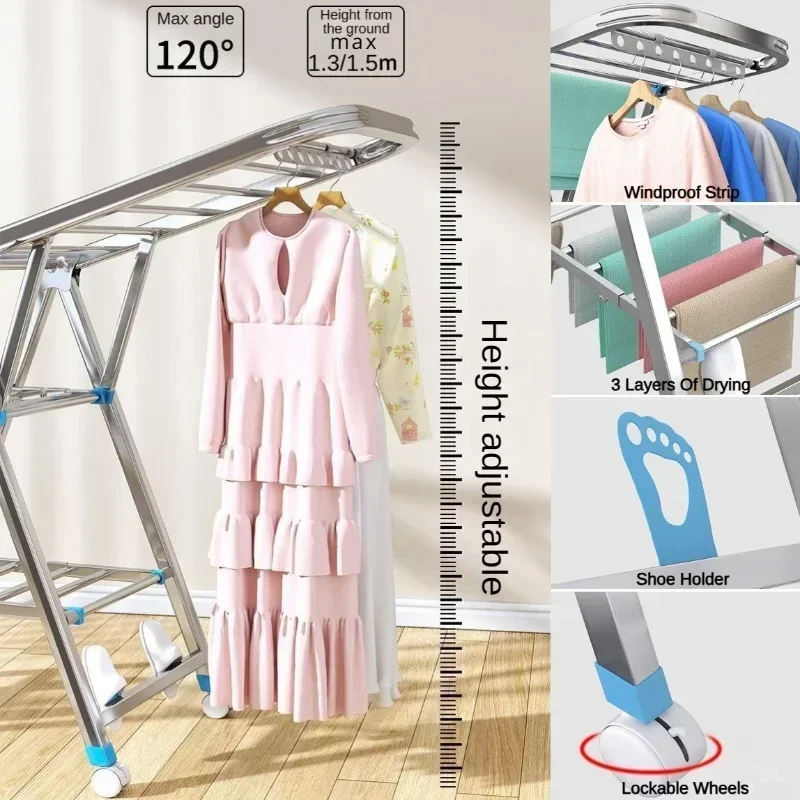 Folding Clothes Drying Rack, Large Capacity Laundry Drying Rack, Adjustable Stainless Steel Clothes Rack Movable Laundry Dryer