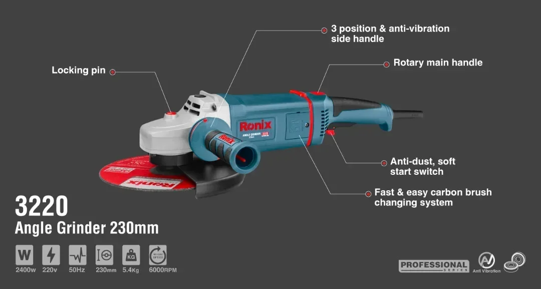 Ronix Angle Grinder 3220 2400w 230mm/9inch Portable Price Handheld Electric Angle Grinder for Grinding and Cutting