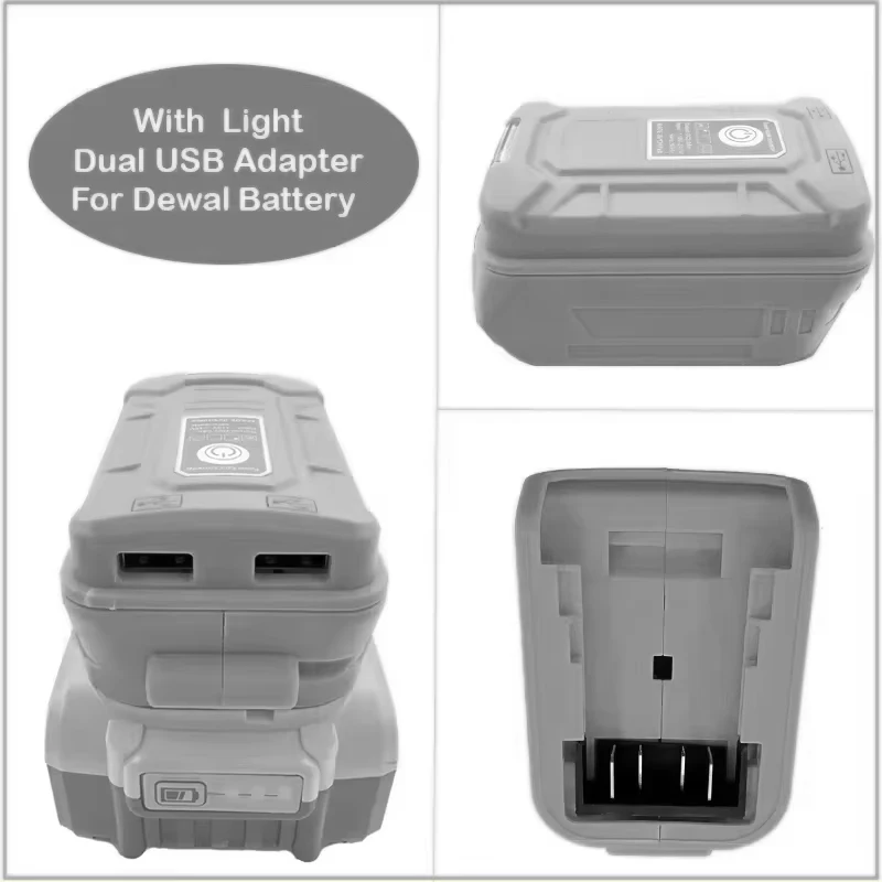 마키타 디월트 20V 18V 리튬이온 배터리용 배터리 어댑터, 듀얼 USB 출력 포트 컨버터, LED 라이트가 있는 보조배터리 겸용 휴대폰 충전기