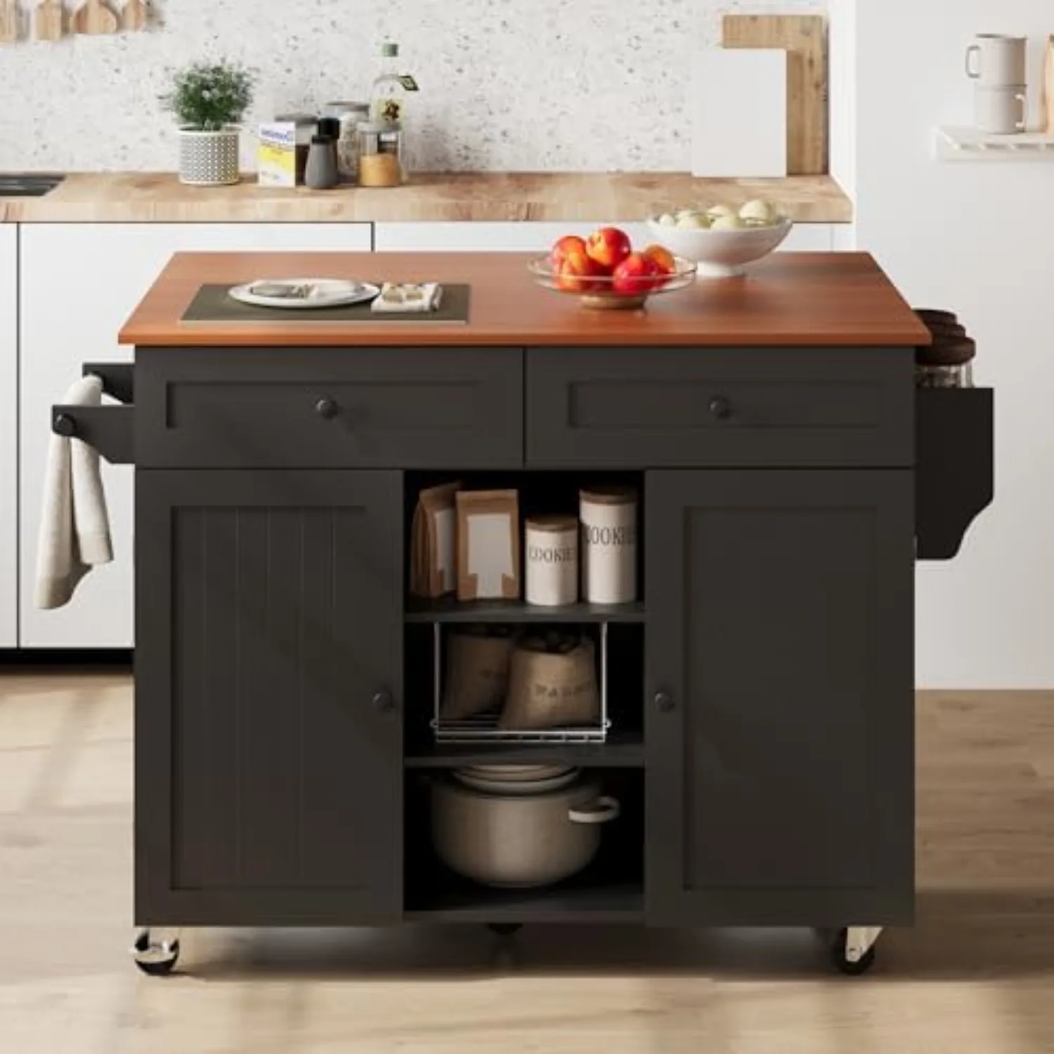 Kitchen Island with Wheels & Drawers, Kitchen Island Cart, Black | Rolling Kitchen Island with Drop Leaf, Mobile