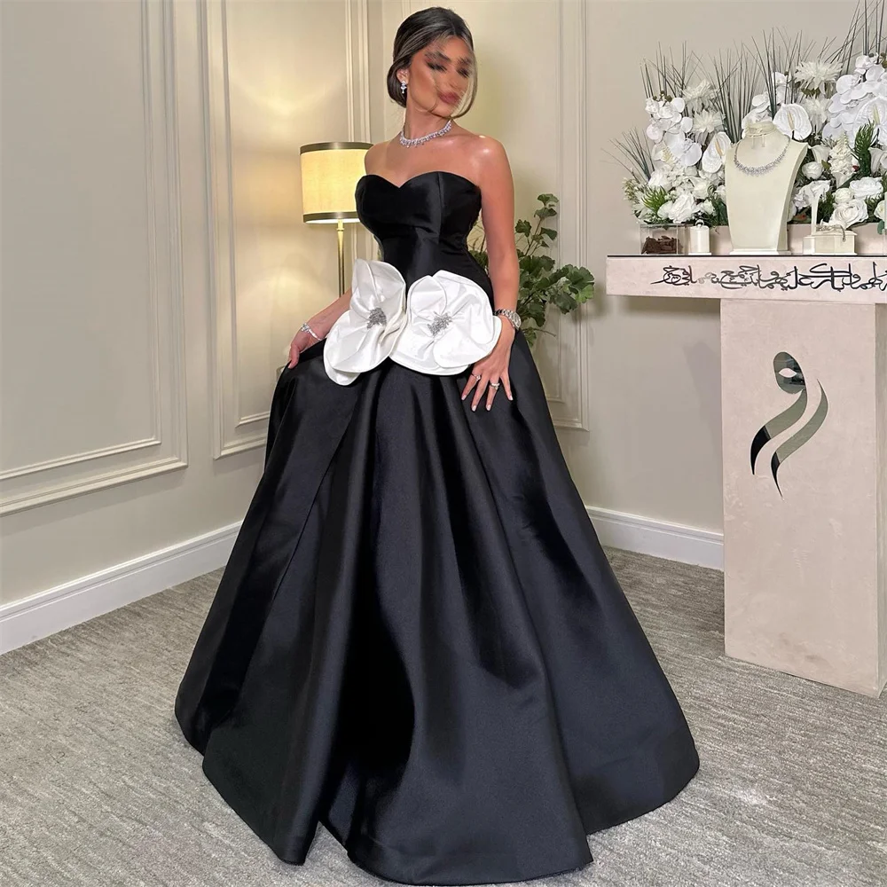 Sansa Elegant Black Sleeveless Party Dresses Sweetheart Neck A-line Flower Vestidos de fiesta Satin Floor-Length2024 فساتين سهرة