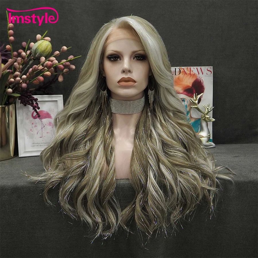 

Imstyle Tinsel Wig Blonde Synthetic Lace Front Wig Highlight Platinum Wig Long Wavy Gorgeous Hair Wigs For Cosplay Woomen Party