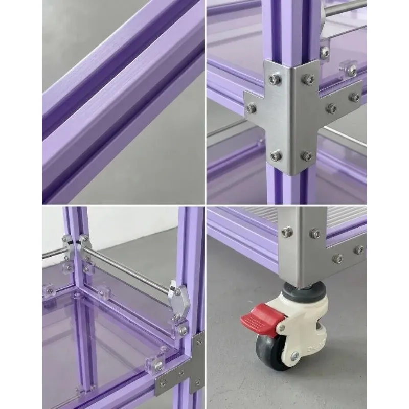 Customizable Mobile Side End Table, Aluminum Frame Marine Plywood Cart with Acrylic Panels, Japanese Style Tea & Storage Cabinet