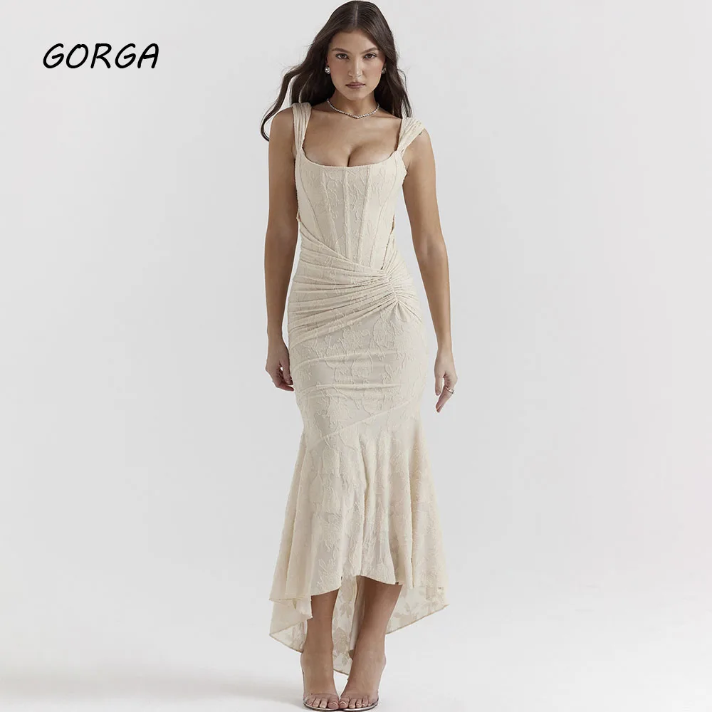 GORGA-O-Neck Lace Sereia Vestido, Tornozelo-Comprimento Prom Vestidos, Sem Costas, Spaghetti Strap, Noiva, Casamento, Photo Shoot, Simples