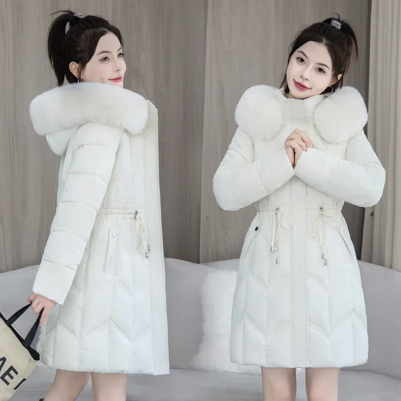 Winter Coat Low Price On Sale Women Beige Add Wool Thick Warmth Fur Hooded Parkas Jacket New Fashion Belt Slim Cotton Coat