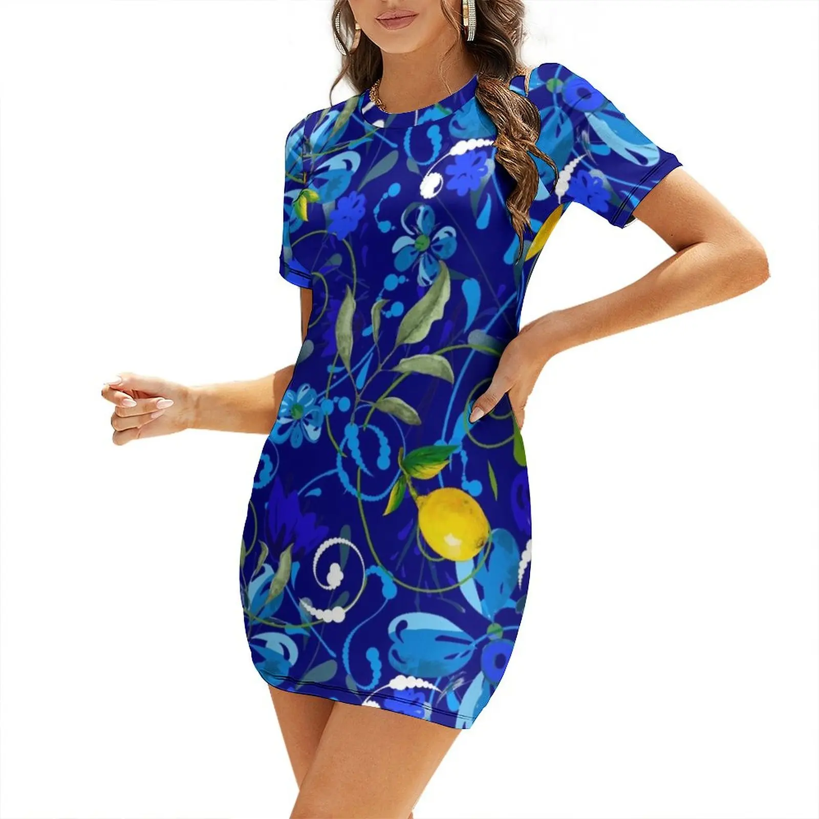 

Watercolour flowers,lemons,citrus ,summer pattern Short Sleeved Dress evening dress women summer dresses womens 2024