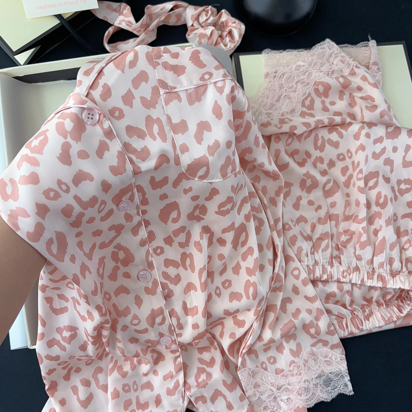 Summer New Pink Leopard Print Ice Silk Pajamas Lace Casual Skin-friendly Breathable Long-sleeved Trousers Loungewear