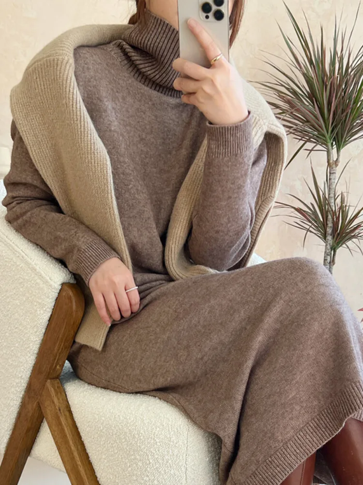 Abiti maglione lungo dolcevita Vintage 2023 autunno inverno Pullover stile coreano da donna elegante abito lavorato a maglia Casual allentato
