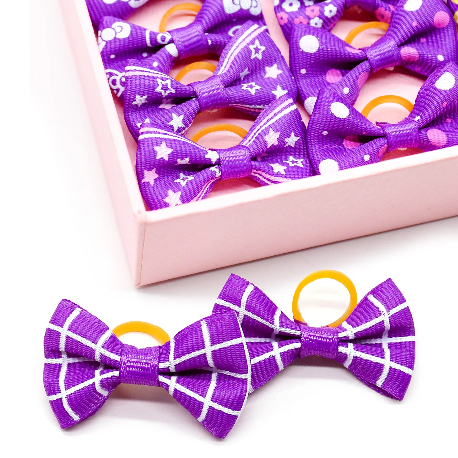 30PCS Purple Flower Pattern Pet Dog Hair Bows Doggy Bows with Rubber Bands Dog Supplies for Small Pet Hair Accessories