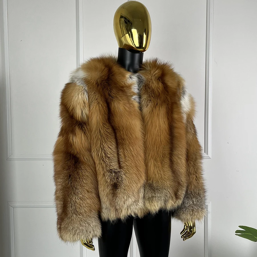 Real Fox Fur Coat With Round Collar Men's Short Fur Jacket Natural Full Skin Red Fox Fur Jackets High Quality Genuine Fur Coat