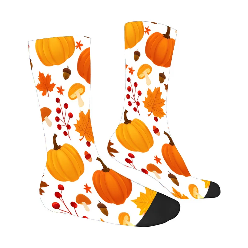 زوج واحد من جوارب منتصف الساق ذات طابع الخريف باللون البرتقالي الدافئ والأحمر والأصفر والأخضر والبني والأسود والأبيض ونعل مبطن غير قابل للانزلاق #4