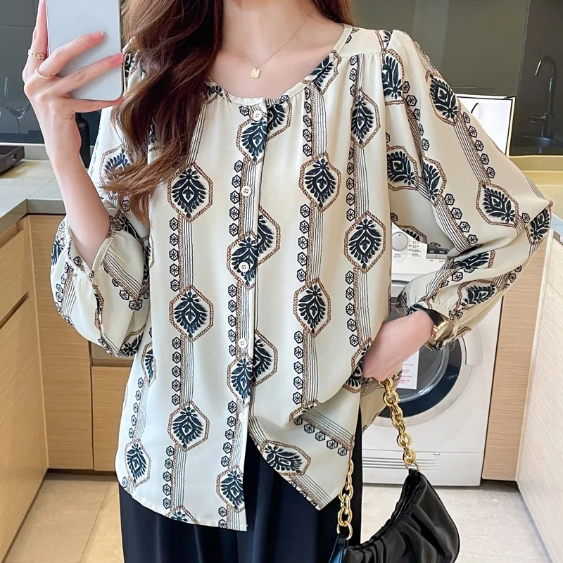 

Свободная рубашка с длинным рукавом и цветочным принтом, топ для похудения с круглым вырезом, модный повседневный свободный топ для женщин в Юго-Восточной Азии