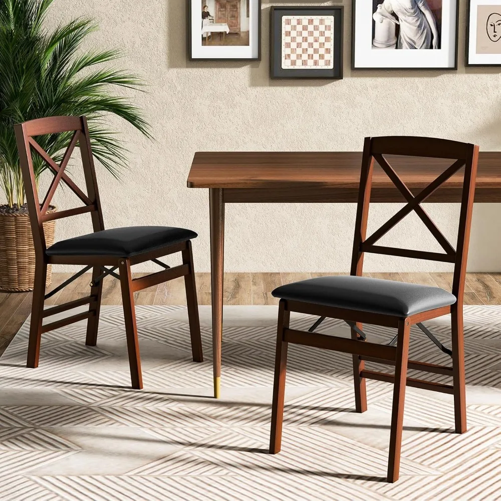 

Folding Dining Chairs Set of 2, Wooden Kitchen Chairs with Padded Seat & X-Shaped Backrest, Foldable Armless Side, Customized