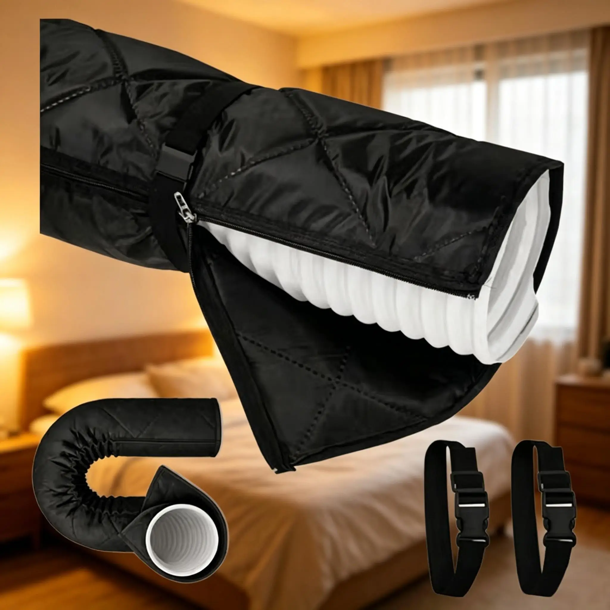 Portable Adjustable Air Conditioner Exhaust Pipe Insulation Cover with 2 Buckle Straps Sun Dust Proof Waterproof Accessories