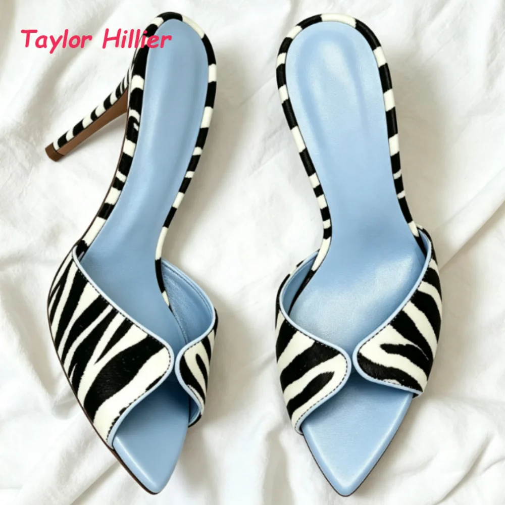 Pointed Open Toe Zebra Print Slip On Mules Women Summer Thin Stiletto High Heels Daily Commute Fashion Slide Sandals New Arrival
