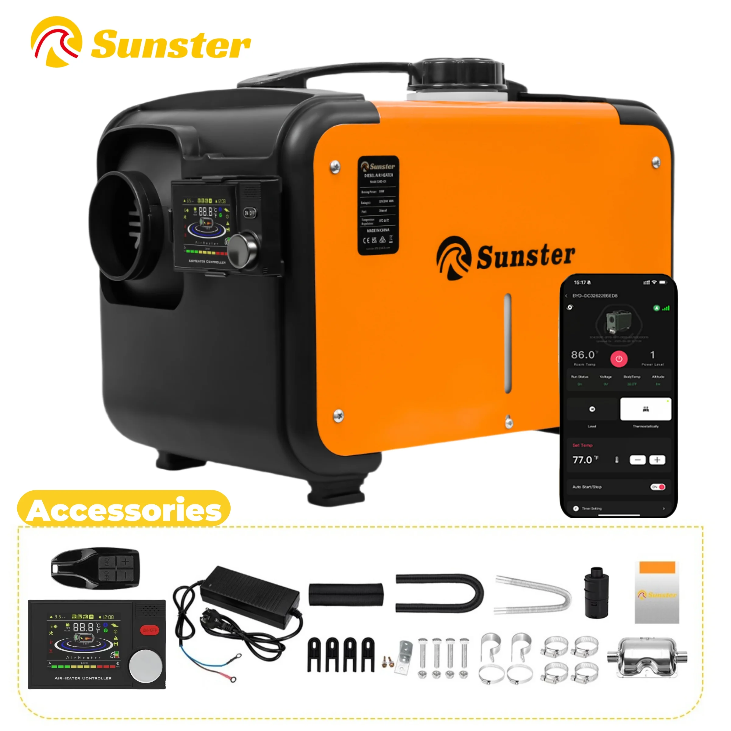 Image of 12V&24V&110-240V AC&DC Universeller 8KW Diesel-Lufterhitzer All-in-One Standheizung mit Bluetooth-App-Steuerung für Zuhause, Wohnmobil und Fahrzeug