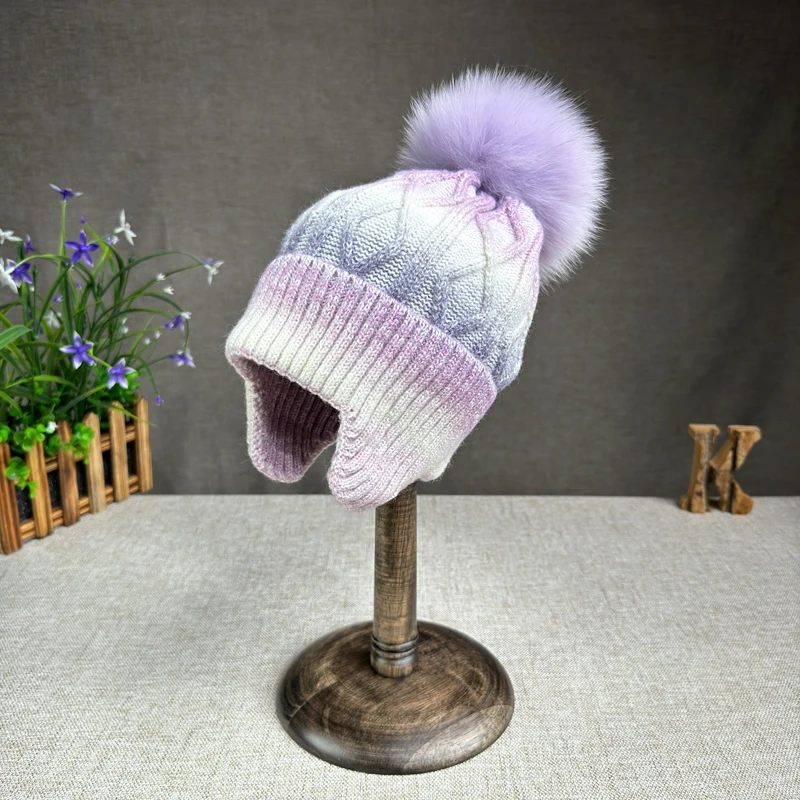 2024 new winter furry fox fur ball colored ear protection warm hat for outdoor activities, skiing, knitting fashion hat