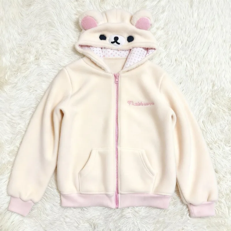 Image of Niedliche japanische Jacke mit Bärenohren, Kapuze, Y2K-Reißverschluss, Herbst- und Winter-Pyjama, modische, lässige Damen-Heimkleidung