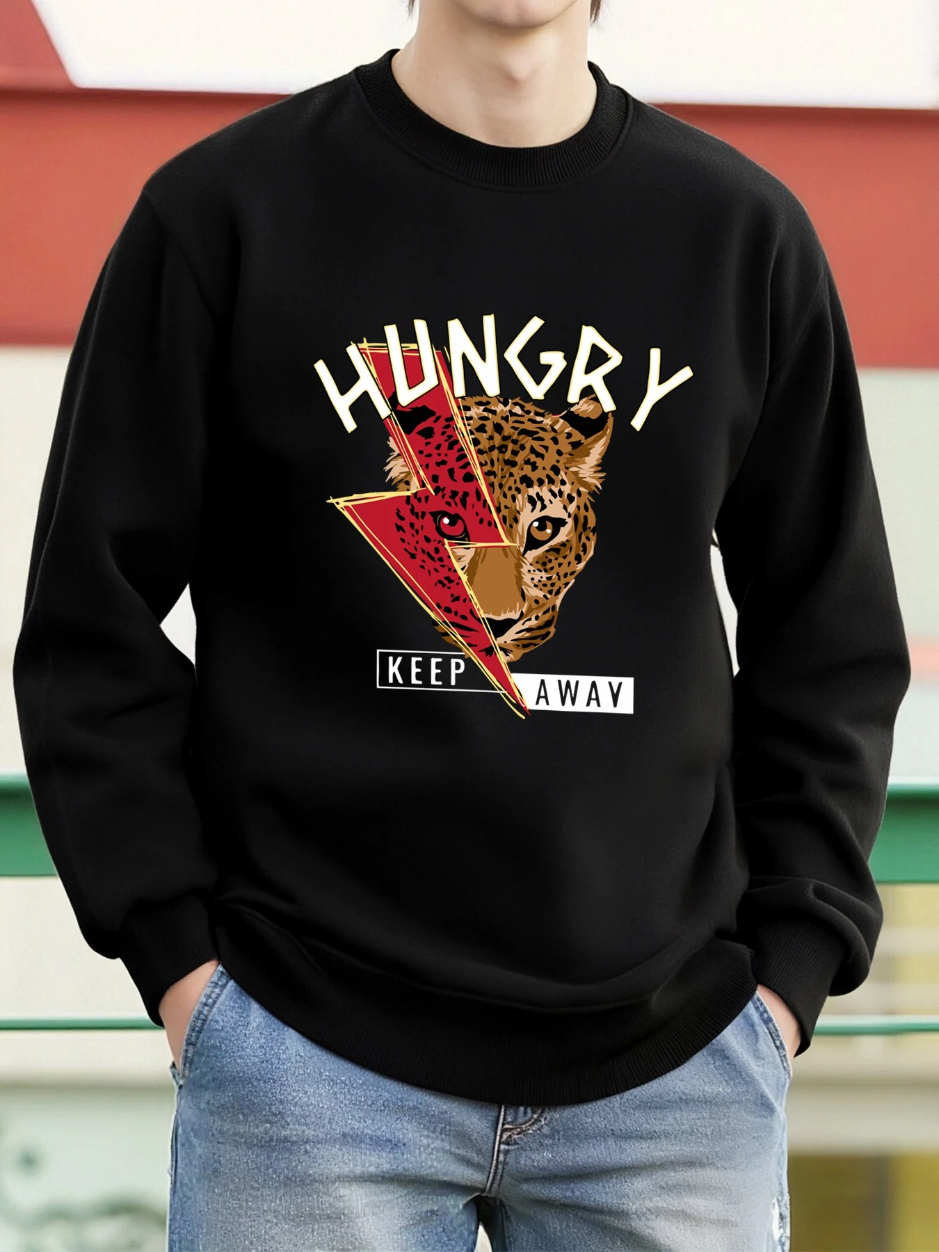 Hungry Keep Away Cheetah Design Sweatshirt Herren Bequemer Pullover Rundhalsausschnitt Oversize Tops Herbst Fleece Kleidung Unisex