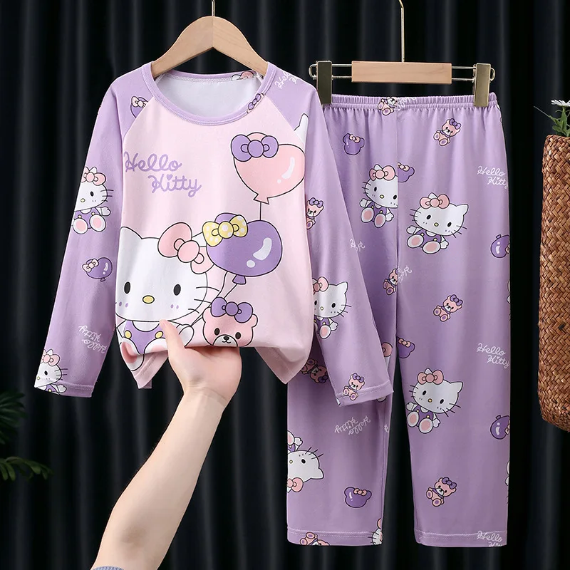 Hello Kitty Children Pajama Sets Long Sleeved Casual Boys Girls Home Clothing Set Comfortable Soft Warm Sleepwear Autumn Winter