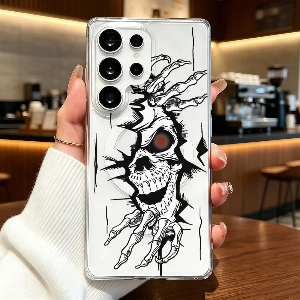 Simple Skull Pattern For Samsung Galaxy S26 S25 S24 S23 S22 S21 Ultra FE Plus Transparent Magnetic Phone Case Cover