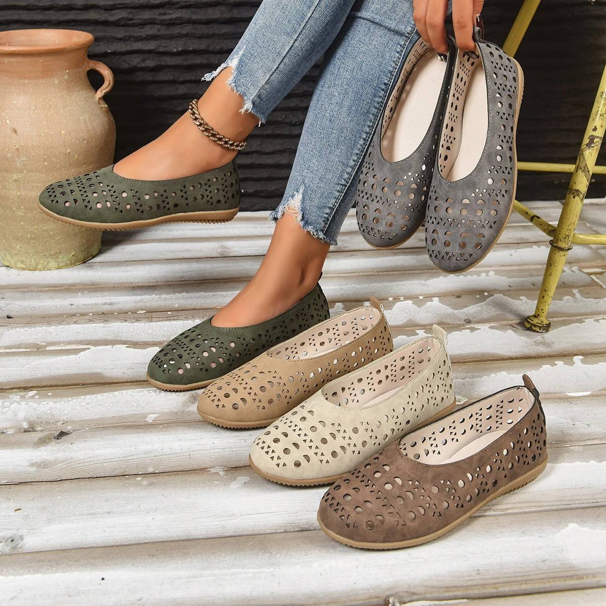 

Новинка 2023 года, женская обувь на плоской подошве с вырезами, кожаная дышащая полая повседневная обувь без шнуровки, удобная повседневная прогулочная обувь