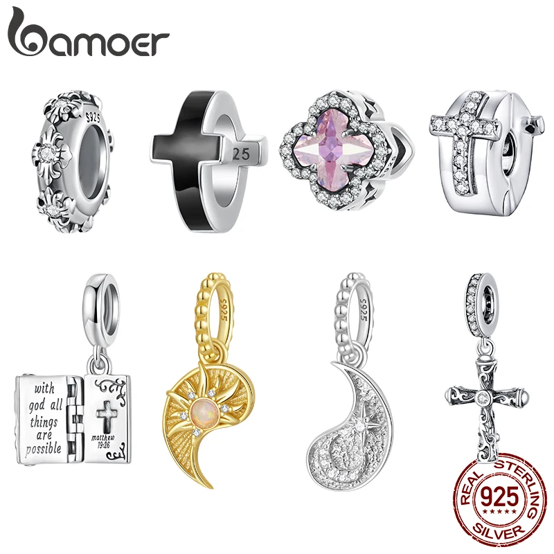 

Bamoer 925 Sterling Silver Sun Moon Star Pendant Cross Faith Beads Charms Bracelet Necklace Making Jewelry DIY Gifts for Women