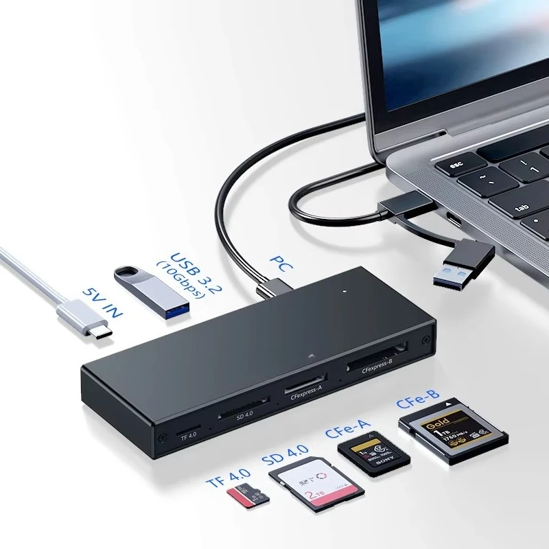 EE1 6-In-1 USB 3.2 10Gbps Pluy and Play Type A Type B SD4.0 TF4.0 Memory Card Reader Multi Port Type C Hub