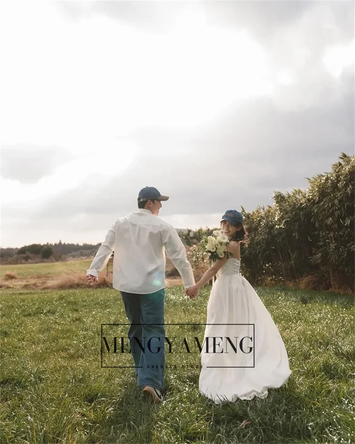 ZHUISHU 우아한 새틴 웨딩 사진 촬영 드레스 스트랩리스 한국 신부 드레스 앞이 짧고 뒤가 긴 코르셋 웨딩드레스 맞춤 제작