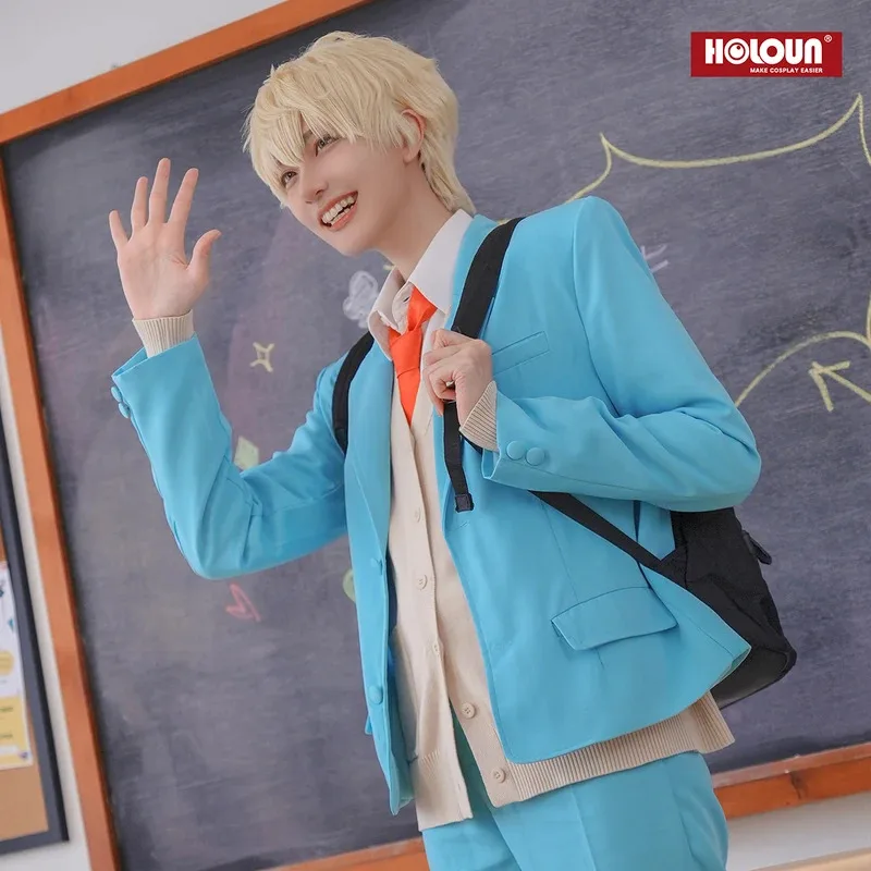 

zz04zz12 Skip and Loafer Anime Shima Sousukee Cosplay Costume School Uniform Blue Suit Shirt Pants Sweater Tie Daily Wearing Gif
