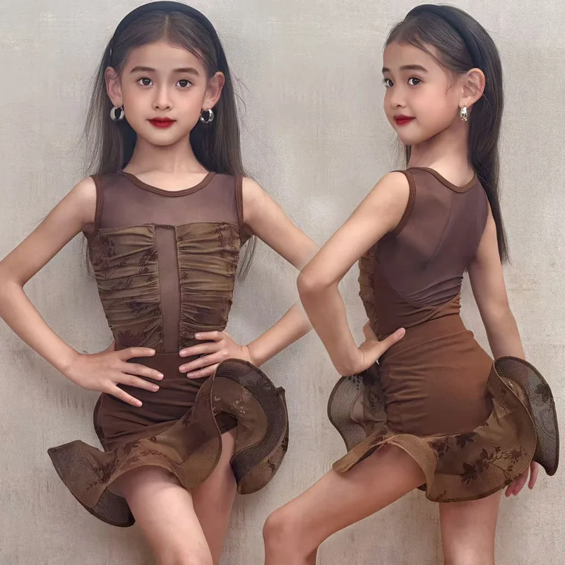

Customized Latin Dance Suit Practice Dress Girls Competition Performance Clothing Coffee Colored Patchwork Puffy Skirt Split Set
